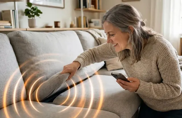 Woman finding the ringing Ondrela card between couch cushions