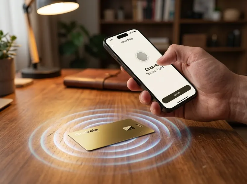 Hand holding a phone pairing the Ondrela card on a desk