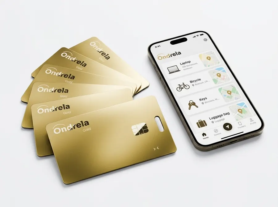 Bundle of Ondrela gold tracker cards next to a phone showing the tracking app
