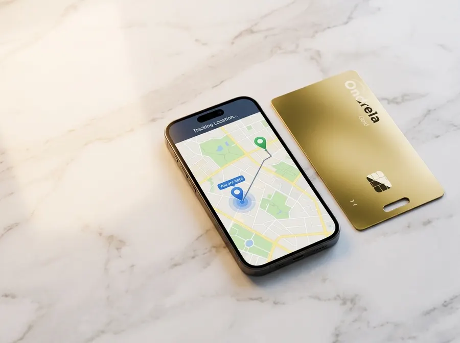 Ondrela gold tracker card next to a phone showing the card's location on a map