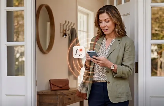 Woman at her front door receiving a left-behind alert on her phone