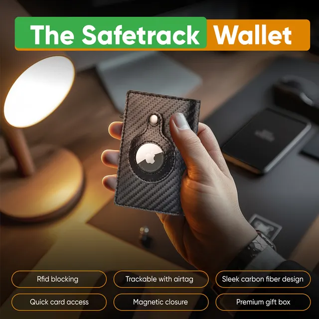 Slim carbon fiber smart wallet with an AirTag slot on a travel desk