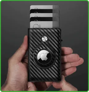The slim SafeTrack Wallet with cards popped up and an AirTag in the slot