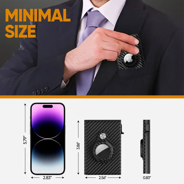 SafeTrack Wallet dimensions compared with a smartphone: 3.86 by 2.56 by 0.83 inches