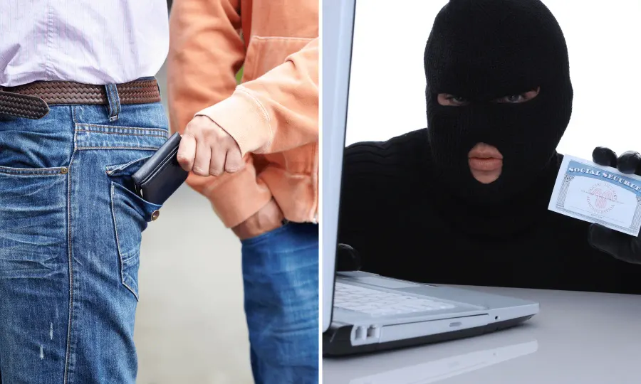 Pickpocket lifting a wallet from a back pocket and a thief skimming card data